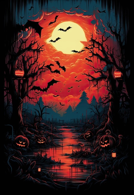 The Halloween background cover illustration scary cemetery and house