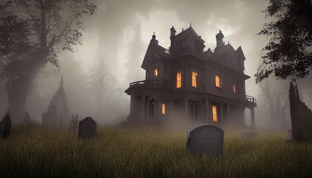 halloween background, digital illustration of  victorian haunted house  with candlelight in the wind