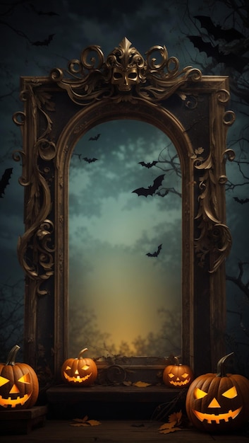 Halloween background frame with scary pumpkins candles in the graveyard at night with a castle backg