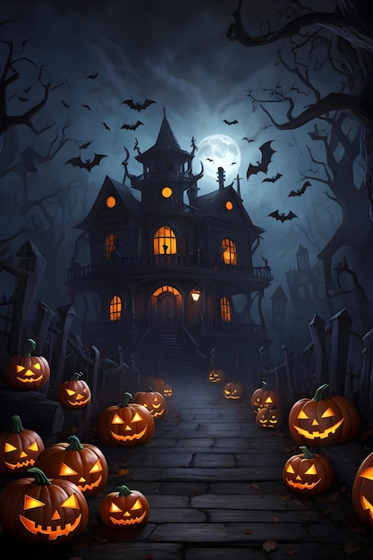 Halloween background glowing pumpkins Scary Trees fire sparks