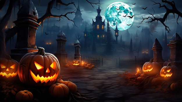 Halloween background haunted castle full moon on Halloween night Ai generated