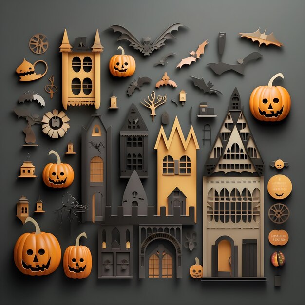 Halloween background icons of haunted house pumpkins bats and candles