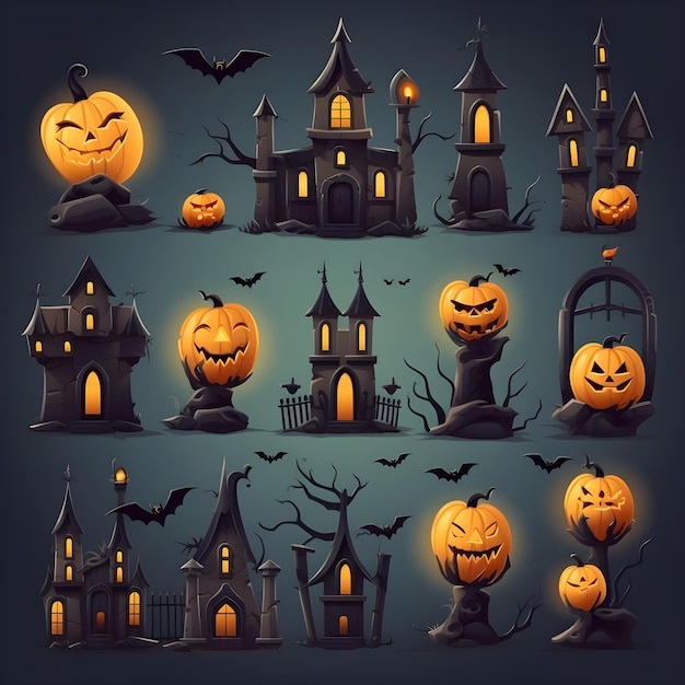 Halloween background icons of haunted house pumpkins bats and candles