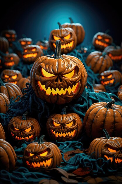 Halloween background Jack lantern with candles A row of creepy pumpkins with carved grimaces Generative AI