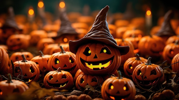 Halloween background Jack lantern with candles A row of creepy pumpkins with carved grimaces Generative AI