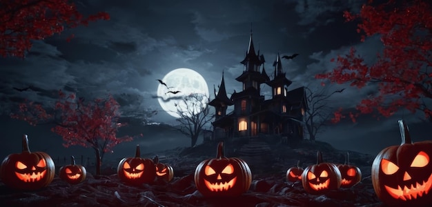 Halloween background under the moonlit sky where jacko39lanterns cast eerie glows candles flicker ominously bats soar through the darkness