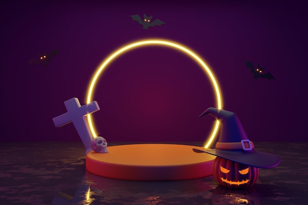 Halloween background neon podium.3D rendering illustration.