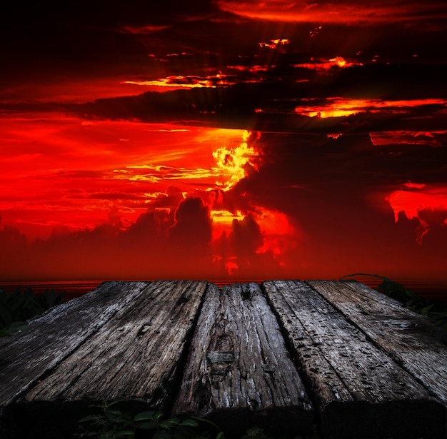 Halloween Background Old wooden floor with sunset sky background copy space