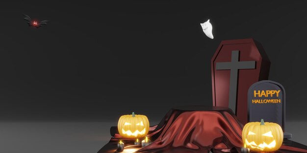 Halloween background podium coffin bats and pumpkins 3d illustration