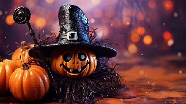 Halloween background of a pumpkin dressed as a witch with hat and cane