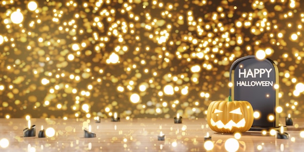 Halloween background Pumpkin on wooden floor and bokeh 3d illustration