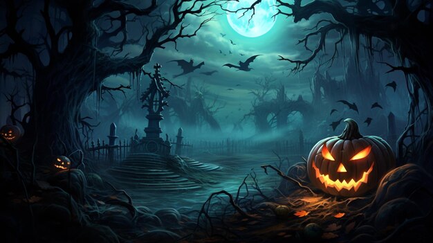 Halloween background spooky night with evil pumpkin