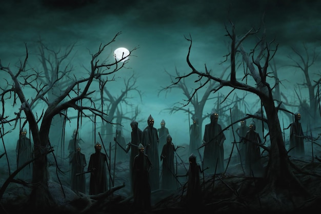 Halloween background Spooky spooky landscape with zombies and full moon