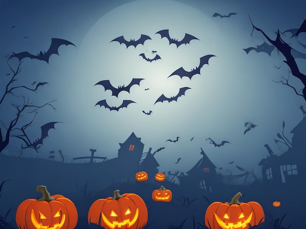 Halloween Background Vector Halloween orange background with many flying bats old house moon tre