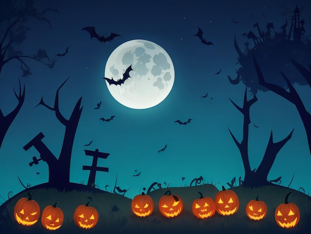 Halloween Background Vector Halloween orange background with many flying bats old house moon tre