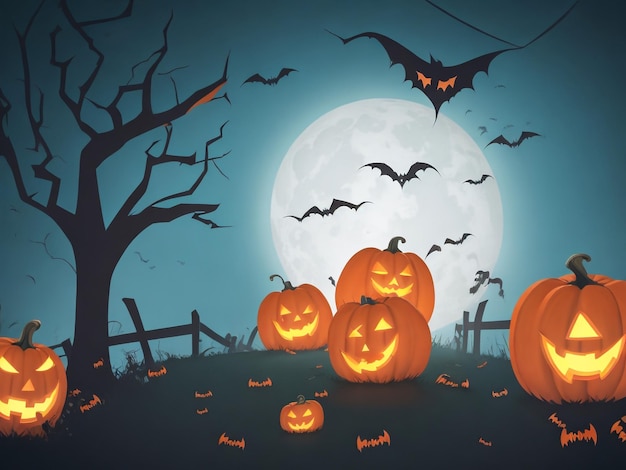 Halloween Background Vector Halloween orange background with many flying bats old house moon tre