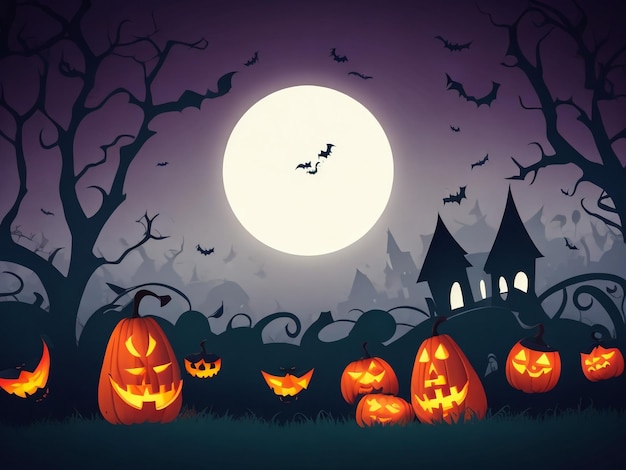 Halloween Background Vector Halloween orange background with many flying bats old house moon tre