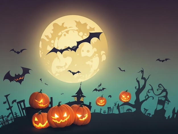 Halloween Background Vector Halloween orange background with many flying bats old house moon tre