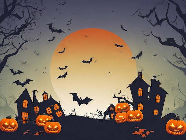 Halloween Background Vector Halloween orange background with many flying bats old house moon tre