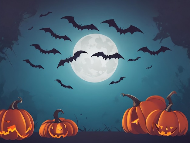 Halloween Background Vector Halloween orange background with many flying bats old house moon tre