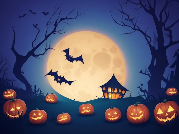 Halloween Background Vector Halloween orange background with many flying bats old house moon tre