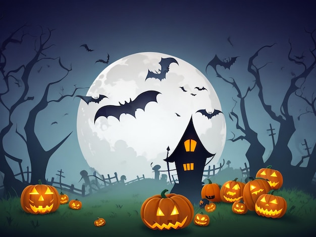 Halloween Background Vector Halloween orange background with many flying bats old house moon tre