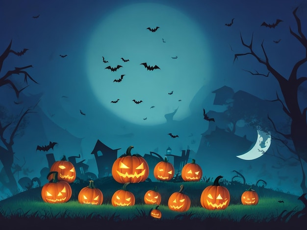 Halloween Background Vector Halloween orange background with many flying bats old house moon tre