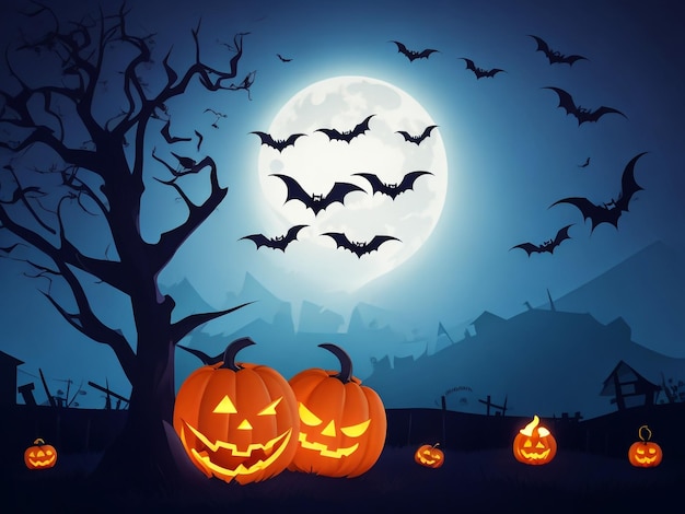 Halloween Background Vector Halloween orange background with many flying bats old house moon tre