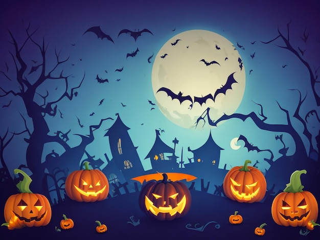 Halloween Background Vector Halloween orange background with many flying bats old house moon tre