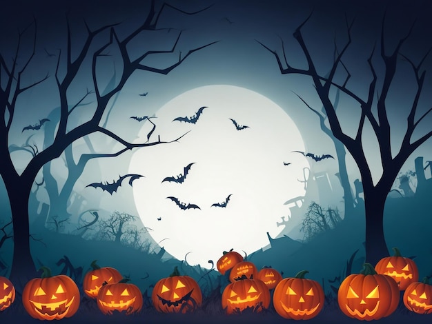 Halloween Background Vector Halloween orange background with many flying bats old house moon tre