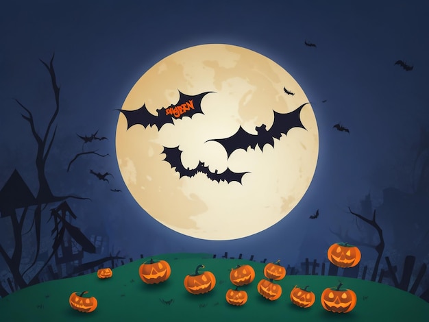 Halloween Background Vector Halloween orange background with many flying bats old house moon tre