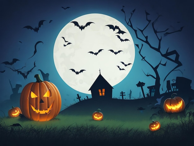 Halloween Background Vector Halloween orange background with many flying bats old house moon tre