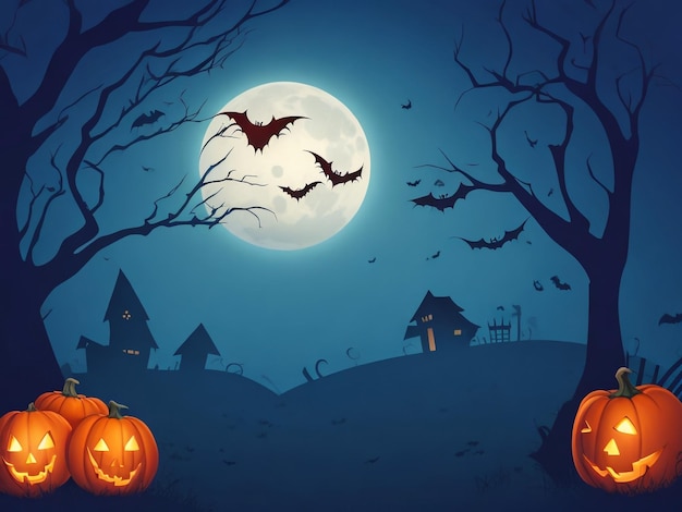 Halloween Background Vector Halloween orange background with many flying bats old house moon tre