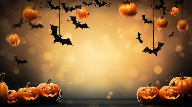 Halloween background with bats and pumpkins Candles in the form of pumpkins Place for text