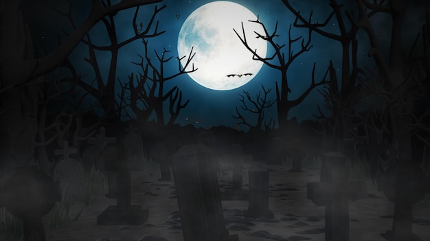 Halloween background with bats and pumpkins graves