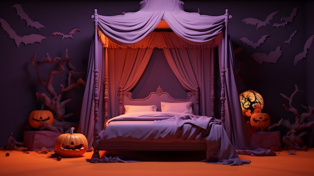 Halloween background with a big bed and pumpkins 3d render