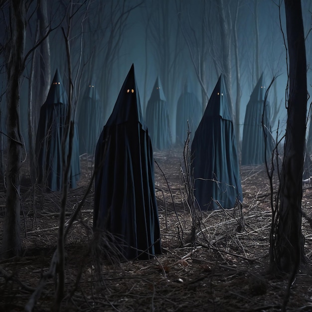 Halloween background with black ghosts in the forest