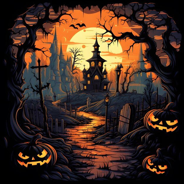 Halloween background with castle graveyard and pumpkins Vector illustration Generative AI