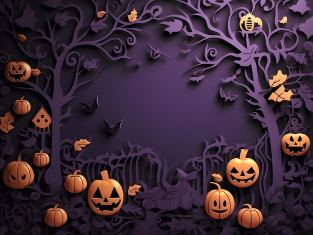 Halloween background with castle and pumpkins paper cut 3D illustration