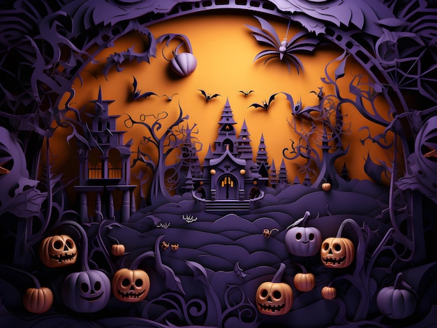 Halloween background with castle and pumpkins paper cut 3D illustration