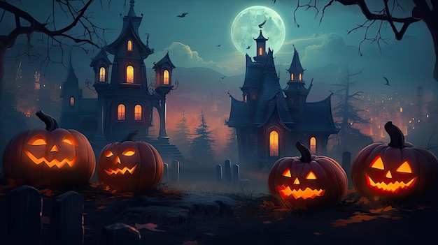 Halloween background with a castle and pumpkins