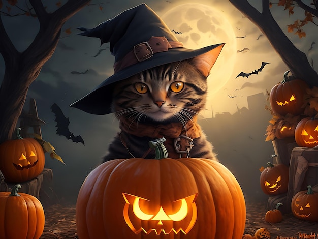 Photo halloween background with cat pumpkins candles in a forest at moonnight by artificial intelligence