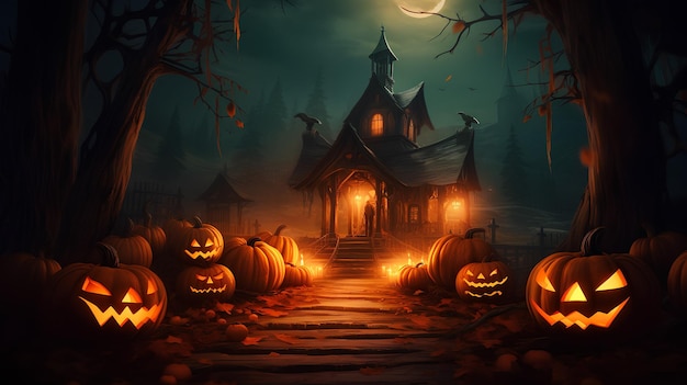 Halloween background with creepy glowing pumpkins and sinister graveyard Generative AI