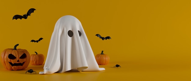 halloween background with cute ghost grinning pumpkins and bats on yellow background 3d render