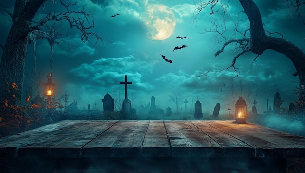 Photo halloween background with empty wooden planks