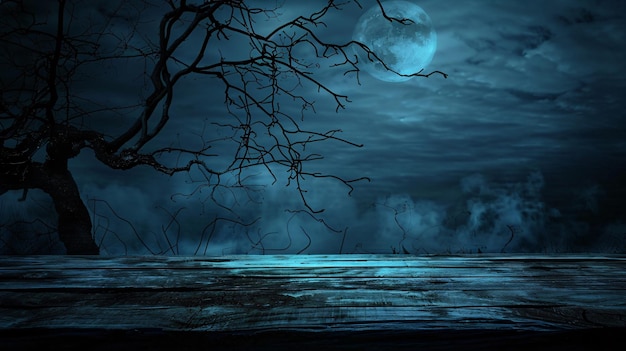 Photo halloween background with empty wooden table and full moon over dark forest