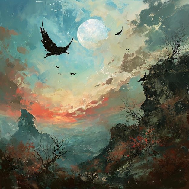 Halloween background with flying ravens in the sky Digital painting