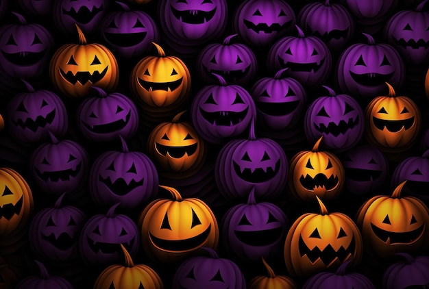 a halloween background with funny cartoon pumpkin faces in the style of bold lines