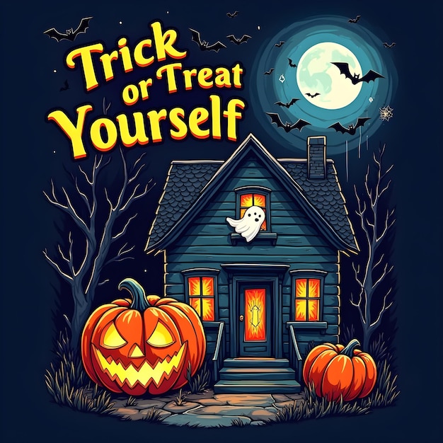 Halloween Background with ghost house and witch