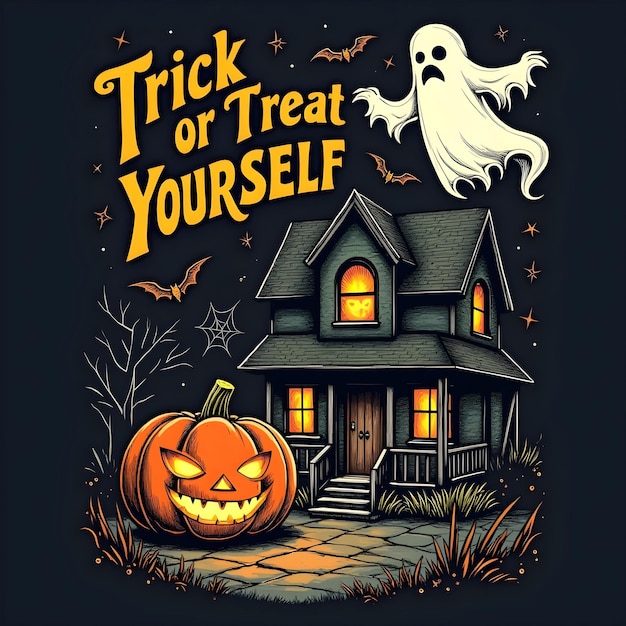 Halloween Background with ghost house and witch